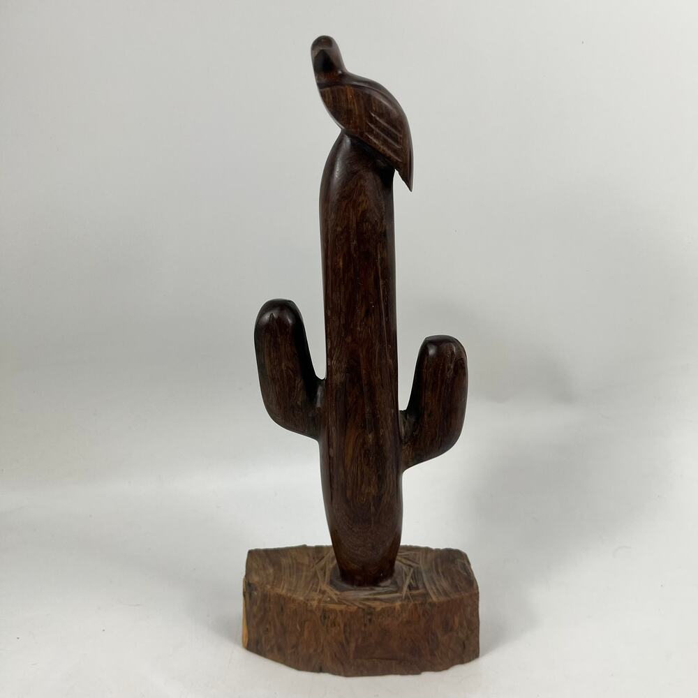 Vintage Mexican Ironwood Saguaro Cactus Bird Sculpture Hand Carved 15in Folk